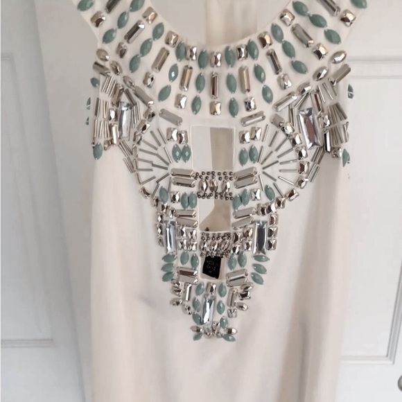 BEBE 100% Silk Ivory Cleo White Tunic Size XXS Embellishments Turquoise gems - Picture 4 of 9